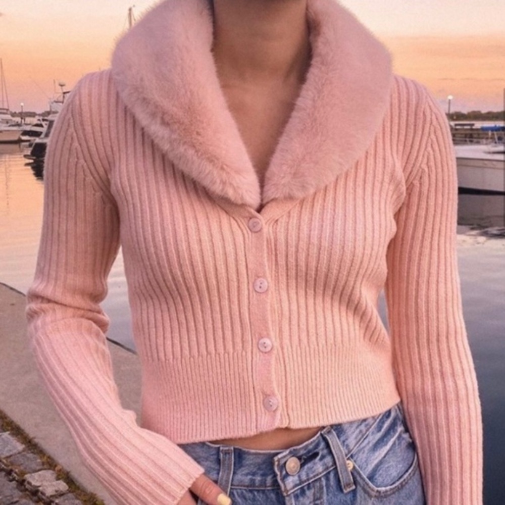 Zara Pink Ribbed Cardigan with Faux Fur Collar